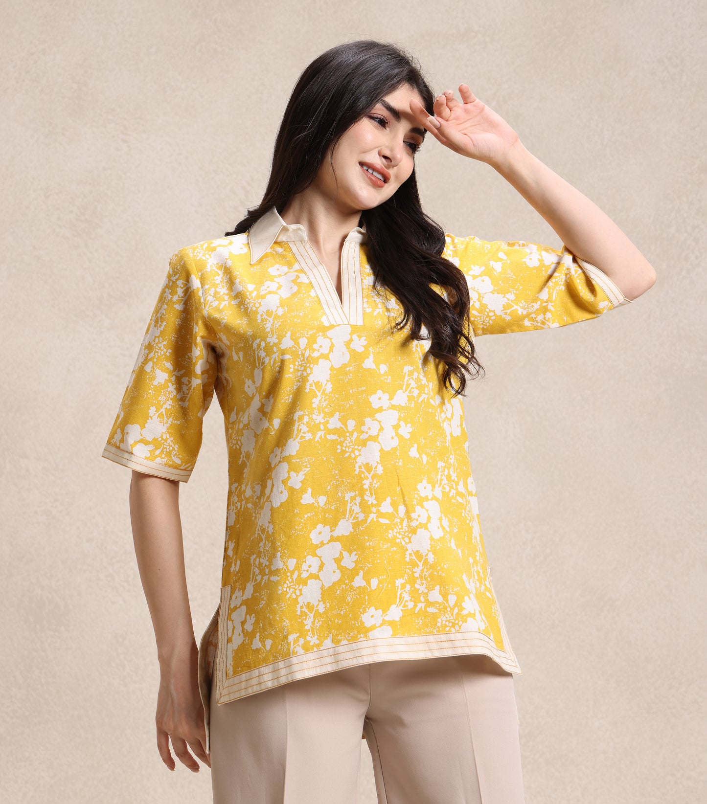 Yellow and Off White Top
