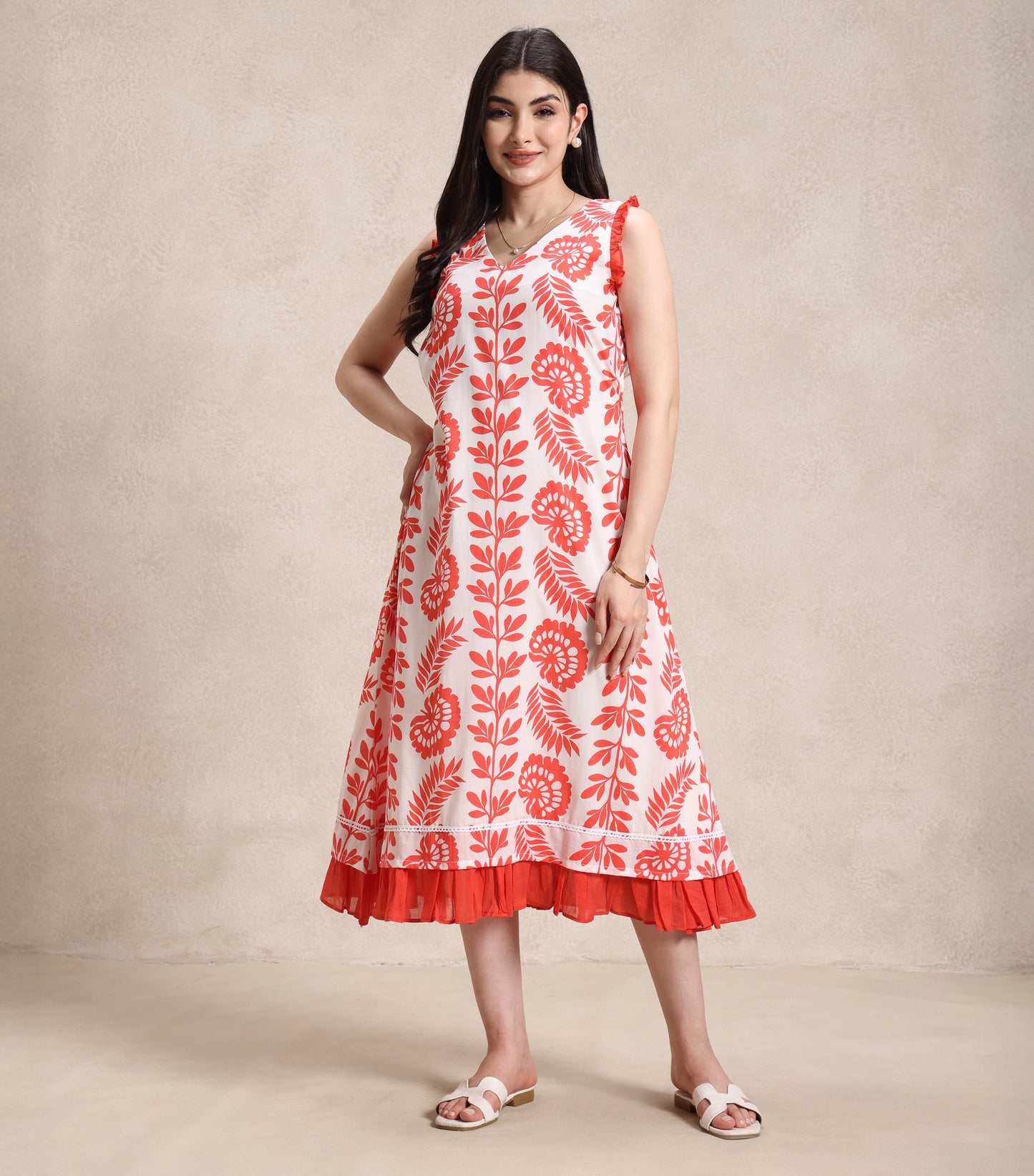 Orange and White Midi Dress